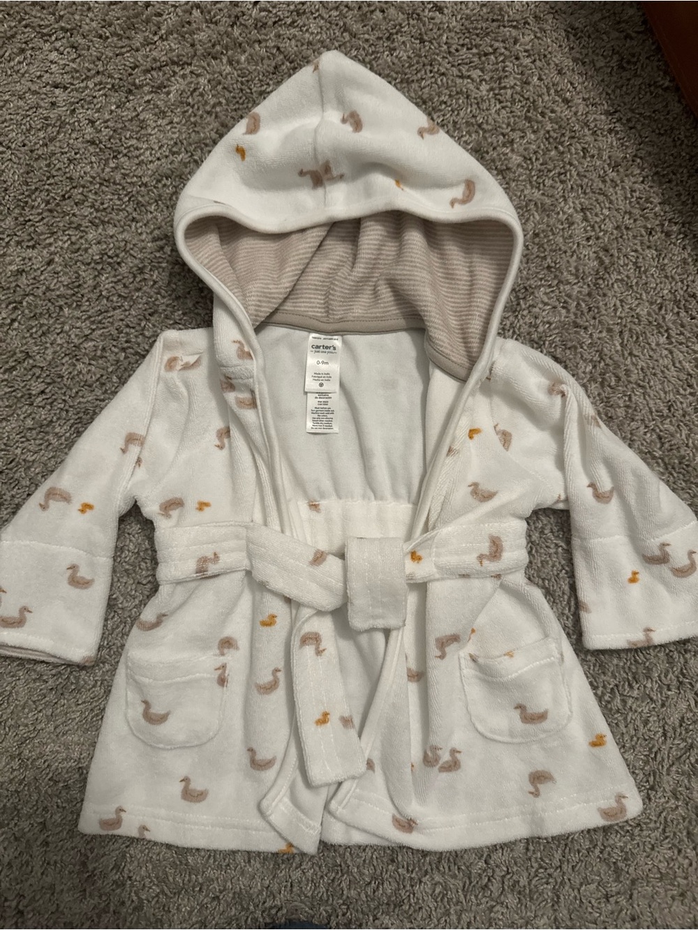 Carter's White Hooded Baby Robe with Duck Motif